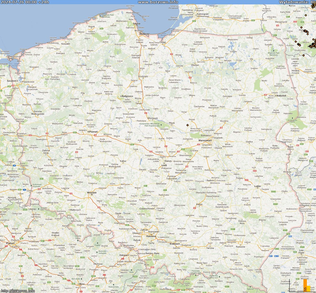 Mapa wyładowań Polska (dokladna) 2024-07-27