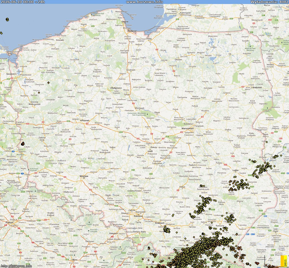 Mapa wyładowań Polska (dokladna) 2026-06-11