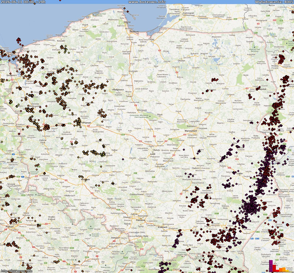Mapa wyładowań Polska (dokladna) 2026-06-12