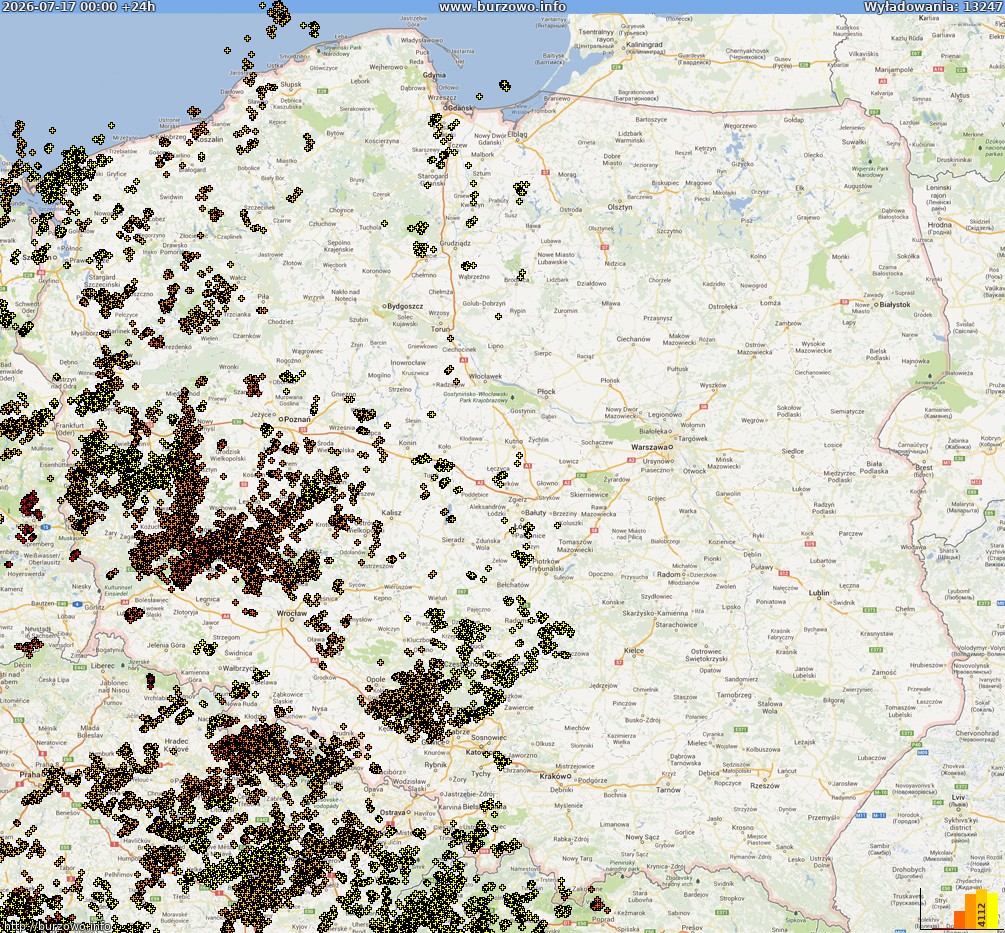 Mapa wyładowań Polska (dokladna) 2026-07-18