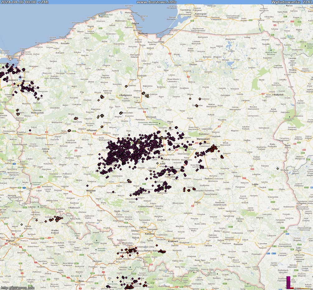 Mapa wyładowań Polska (dokladna) 2024-04-17